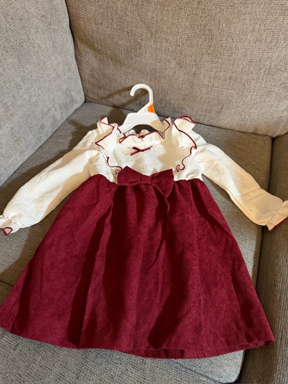 SHEIN Burgundy and Cream Ruffle Bow Dress for Girls